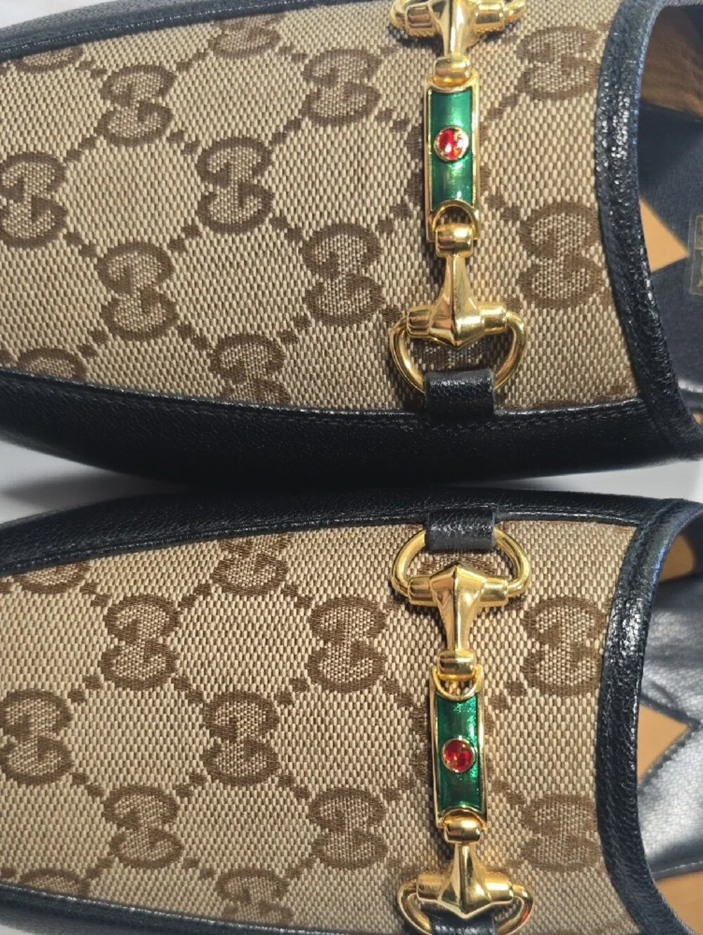 Gucci Brown & Black GG Canvas Slip-On Mules with Gold Horsebit